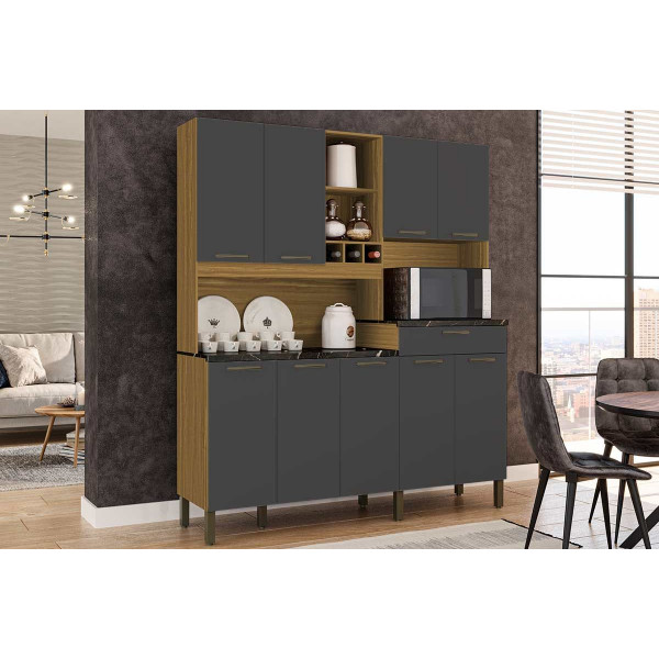 Armário de Cozinha Kit em MDF 9 Portas 1 Gaveta Ronipa Merlot Prime Amendoa/Chumbo