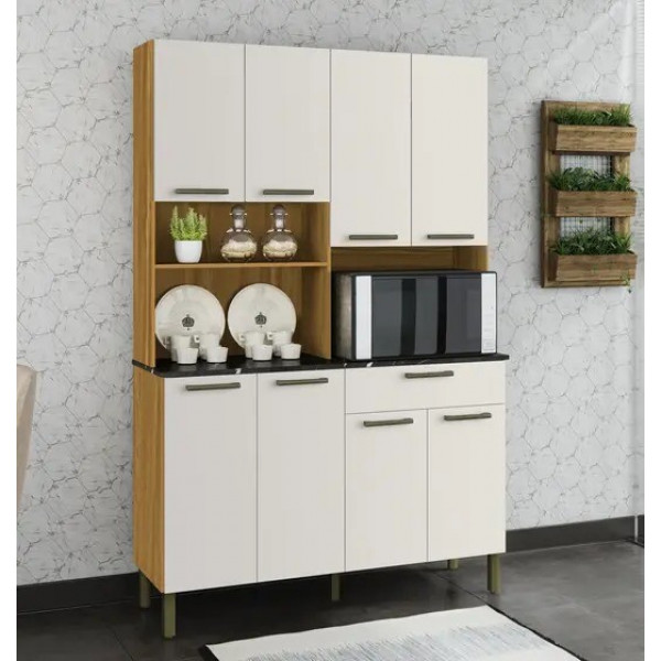 Armário de Cozinha Kit 8 Portas 1 Gaveta em MDF Ronipa Tannat Gold Amendoa/Branco