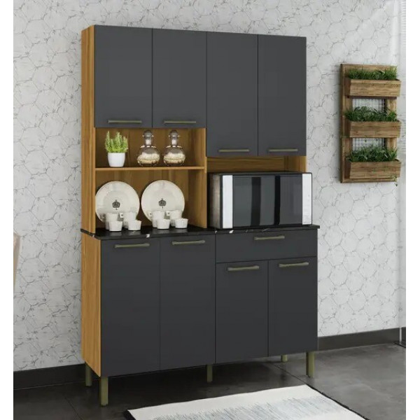 Armário de Cozinha Kit 8 Portas 1 Gaveta em MDF Ronipa Tannat Gold Amendoa/Chumbo