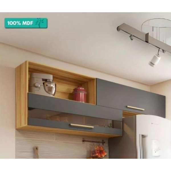 Armário Aéreo Duplo Carmenére c/ Vidro Reflecta - Ronipa - Amendoa/Chumbo