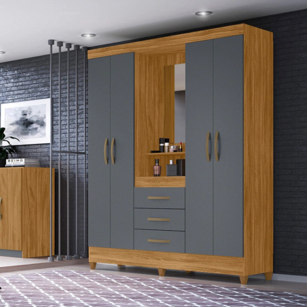 Guarda Roupa Solteiro 4 Portas com Espelho 3 Gavetas Freijo/Cinza Capri - Moval Guarda Roupa Solteiro 4 Portas com Espelho 3 Gavetas Freijo/Cinza Capri - Moval