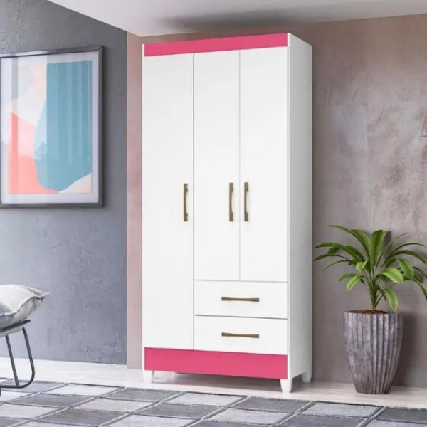Guarda-Roupa Solteiro 3 Portas 2 Gavetas Lima Branco/Rosa/Branco-Flex - Moval