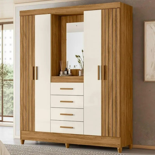 Guarda Roupa Casal Com Espelho Atenas Freijó/Off White - Moval moveis