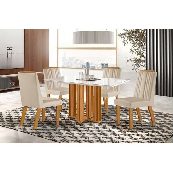 Conj. Mesa Florença 135x90cm, Castanho/ Cinamomo. c/ 4 cadeiras Suedy/Creme - Lj Moveis