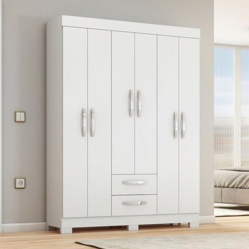 Guarda-roupa Nt6015 com 6 Portas e 2 Gavetas Branco/Rosa Notável