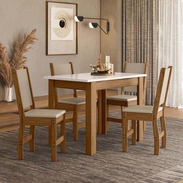 Conj. Mesa Bellagio 108x68cm, c/ 4 Cadeiras Clara, Carvalho/ Off white - Poliman Conj. Mesa Bellagio 108x68cm, c/ 4 Cadeiras Clara, Carvalho/ Off white - Poliman