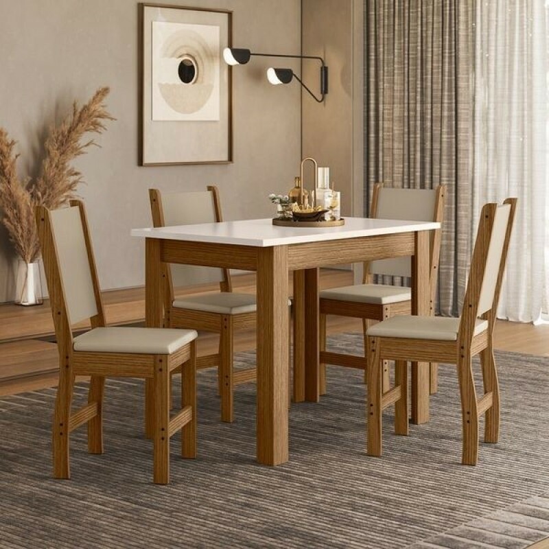 Conj. Mesa Bellagio 108x68cm, c/ 4 Cadeiras Clara, Carvalho/ Off white - Poliman Conj. Mesa Bellagio 108x68cm, c/ 4 Cadeiras Clara, Carvalho/ Off white - Poliman