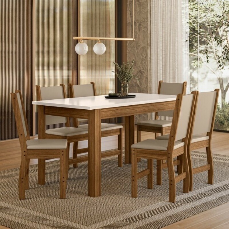 Conj. Mesa Bellagio 150x77cm, c/ 6 Cadeiras Clara, Carvalho/ Off white - Poliman Conj. Mesa Bellagio 150x77cm, c/ 6 Cadeiras Clara, Carvalho/ Off white - Poliman