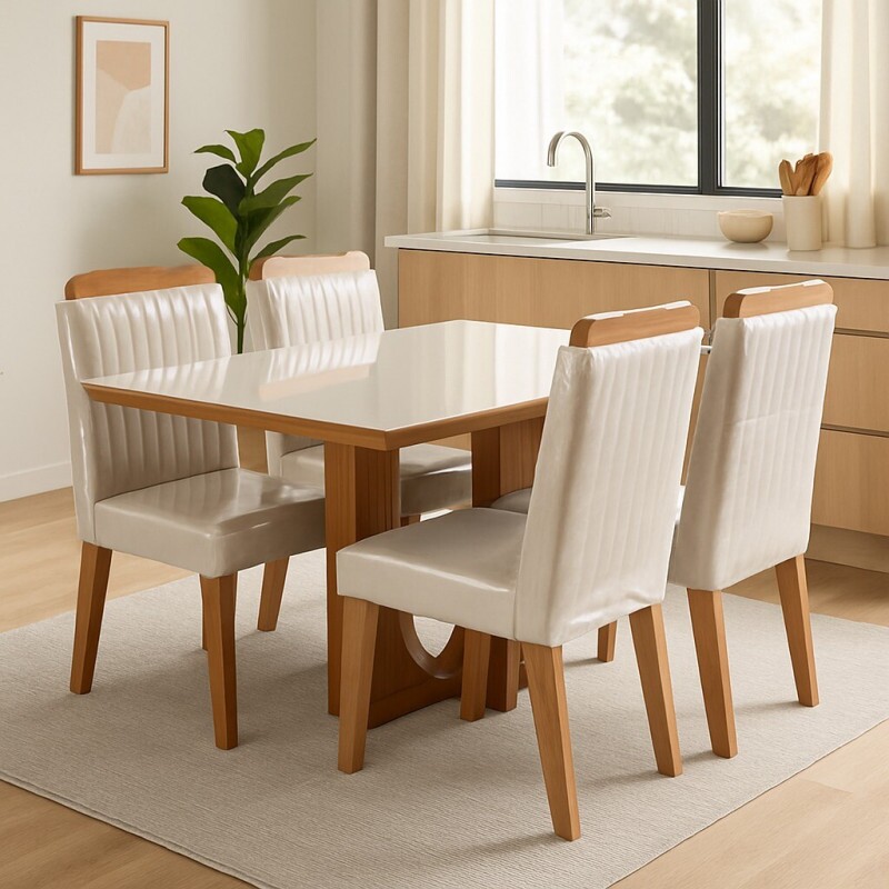 Conjunto para Sala de Jantar 135x90cm Frisa com 04 Cadeiras Riviera Castanho / Off White- LJ Moveis Conjunto para Sala de Jantar 135x90cm Frisa com 04 Cadeiras Riviera Castanho / Off White- LJ Moveis