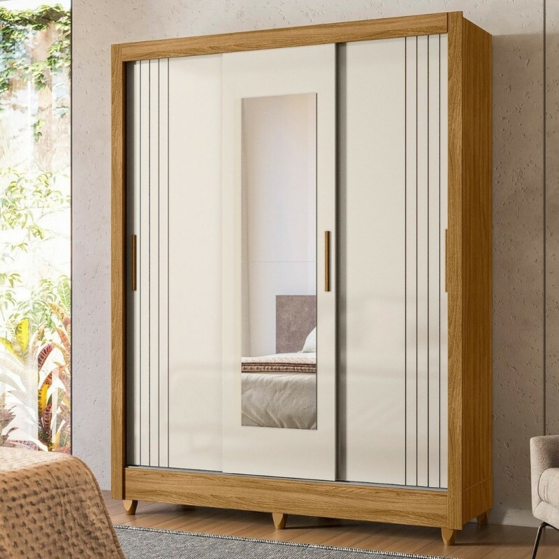 Guarda-Roupa Solteiro com Espelho 3 Portas de Correr Bolívia Freijó/Off White - Moval Guarda-Roupa Solteiro com Espelho 3 Portas de Correr Bolívia Freijó/Off White - Moval