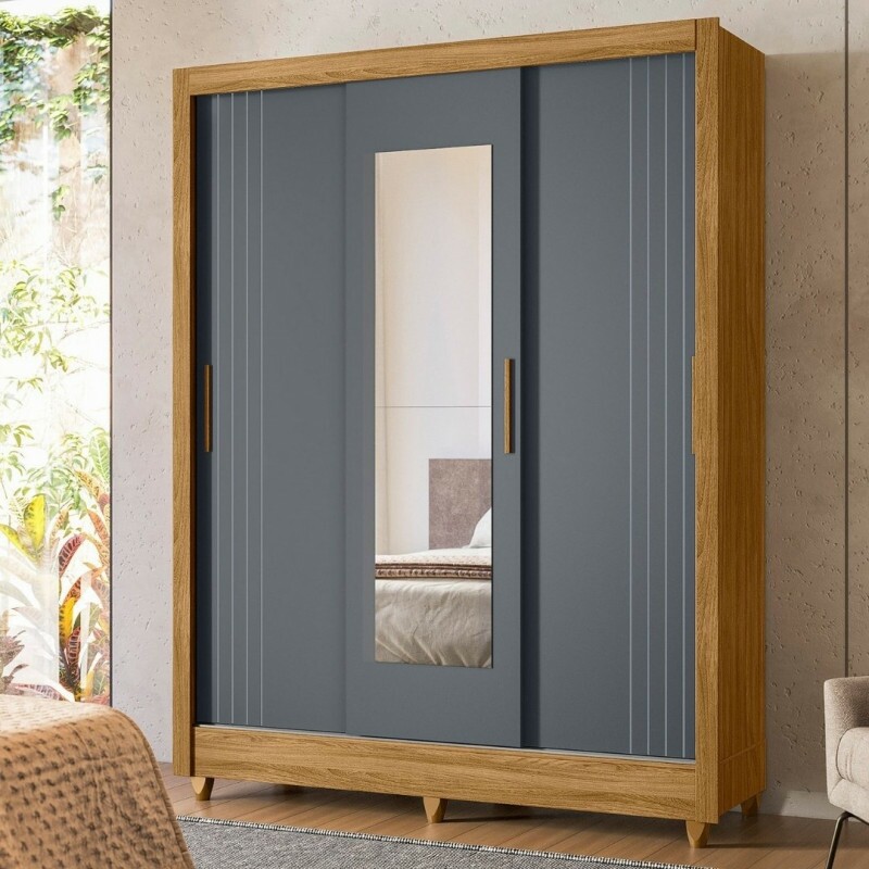 Guarda-Roupa Solteiro com Espelho 3 Portas de Correr Bolívia Freijó/Cinza - Moval Guarda-Roupa Solteiro com Espelho 3 Portas de Correr Bolívia Freijó/Cinza - Moval